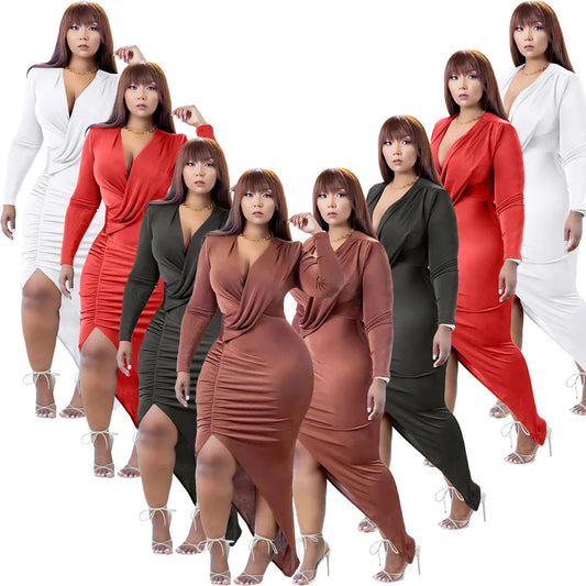 Elegant V-neck formal dress with a dramatic side slit, available in classic colours and a range of sizes for a flattering fit.