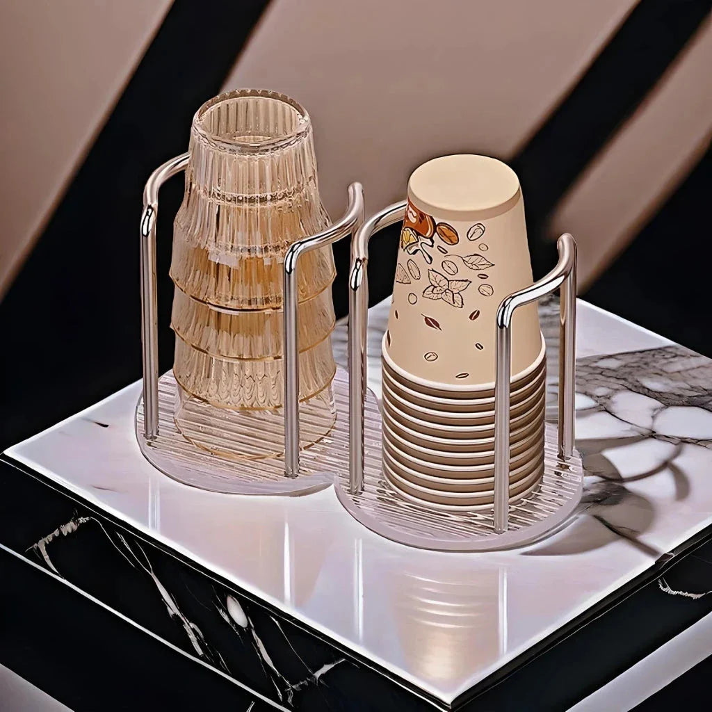 Elegant gold and silver disposable cup organiser with longer stand, designed for easy access and a sophisticated look in homes, offices, and cafes.