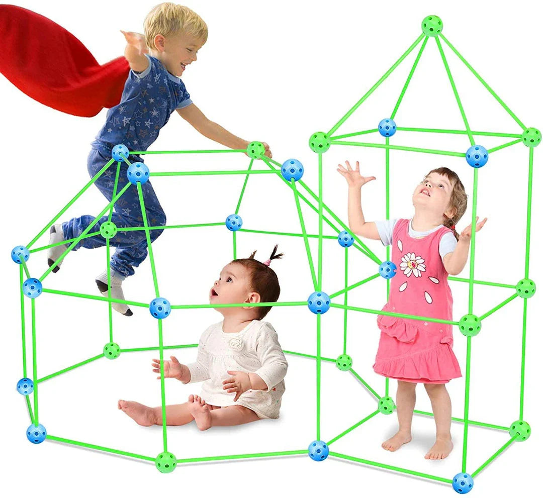 Children's DIY bead tent fort building kit with plastic balls and tubes for creative play and imagination development