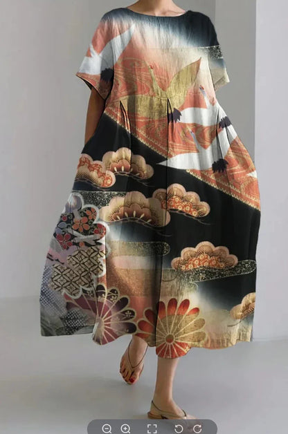 A stylish 3D floral short sleeve dress with a vibrant pattern of flowers on a black background