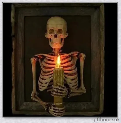 Premium 3D life-size haunted house skeleton decoration with elegant candle holders, creating a mesmerising, ethereal Halloween ambiance