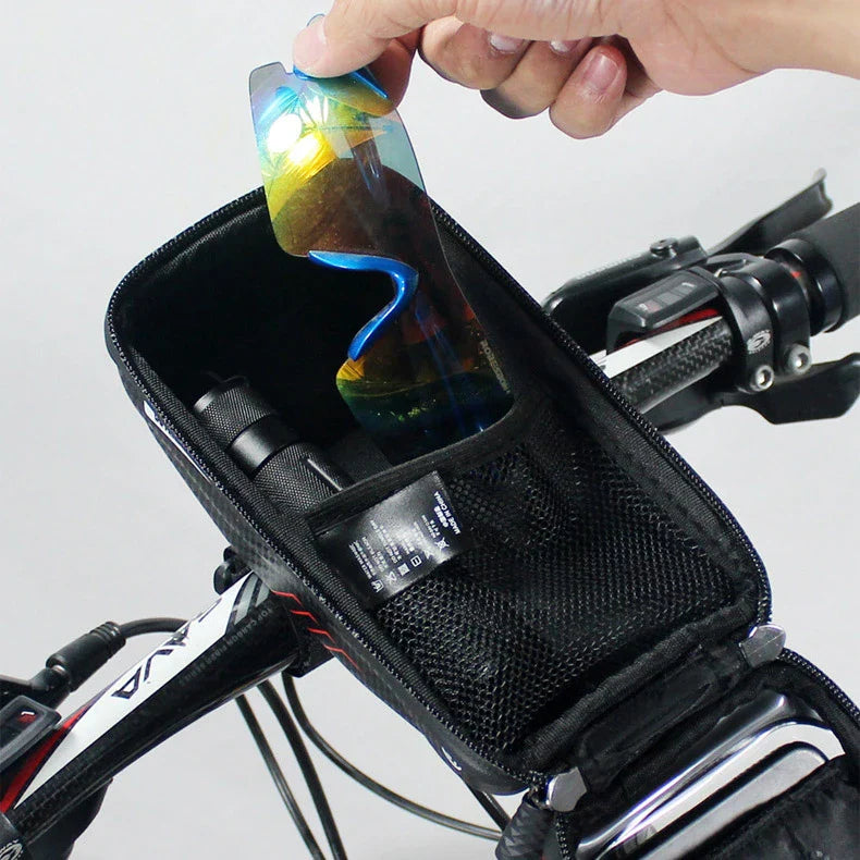 Stylish and practical bicycle handlebar bag with reflective accents for secure storage of essentials during cycling rides