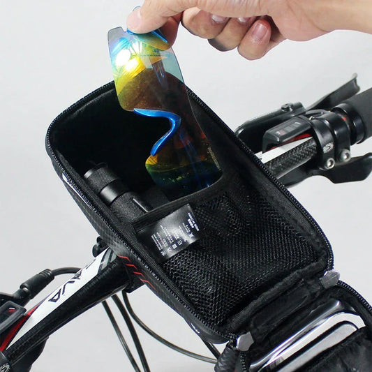 Stylish and practical bicycle handlebar bag with reflective accents for secure storage of essentials during cycling rides