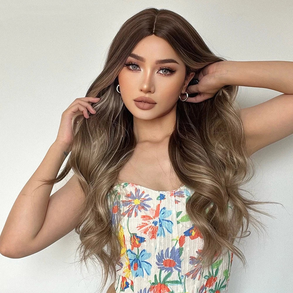 Elegant medium-length wig with gradient grey and brown curly hair, crafted with premium domestic silk for a luxurious British-inspired style.