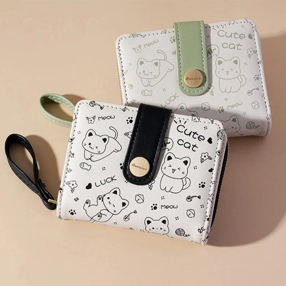 Stylish cat-themed compact wallet with zippered coin pocket, card slots, and key storage