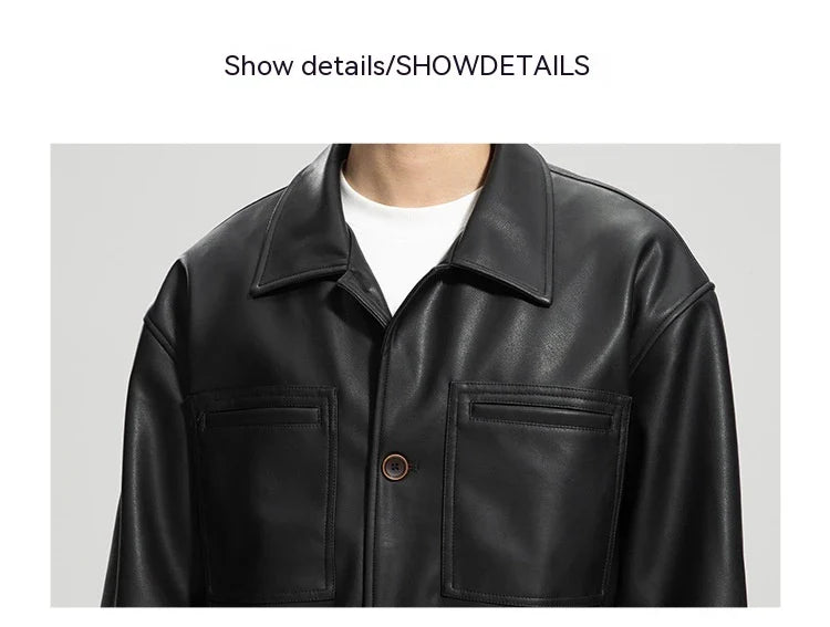 Handsome men's leather motorcycle jacket with lapel collar, dimensional pockets, and durable PU leather construction
