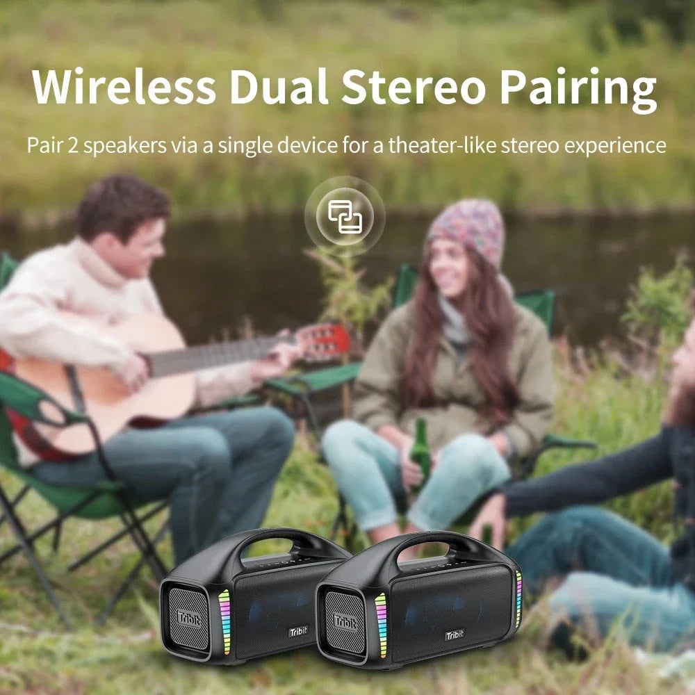 Premium 90W outdoor Bluetooth speaker with powerful sound, 30-hour playtime, and mesmerizing LED lights