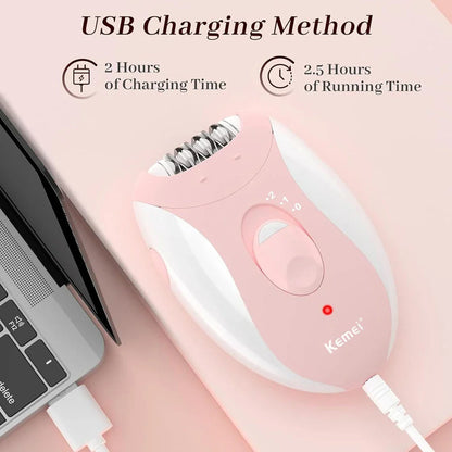 Cordless rechargeable women's epilator with pink body, designed for smooth and effortless hair removal on the face, legs, bikini area, underarms and arms