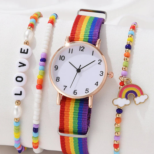 A stylish rainbow-coloured women's wristwatch with a quartz movement and an alloy case for elegant and durable design.