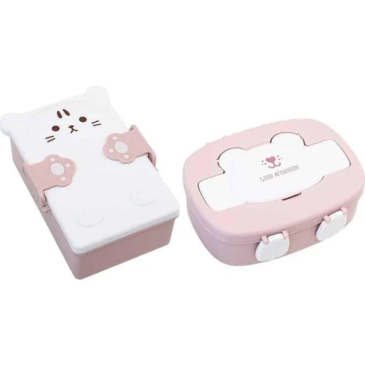 Colourful and stylish children's double lunch box with bear or kitten graphics, featuring two separate compartments for organised packing