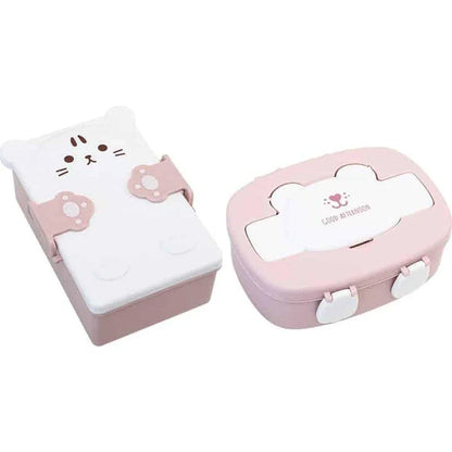 Colourful and stylish children's double lunch box with bear or kitten graphics, featuring two separate compartments for organised packing