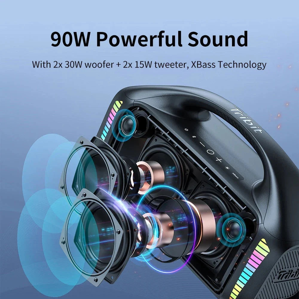 Premium 90W outdoor Bluetooth speaker with powerful sound, 30-hour playtime, and mesmerizing LED lights