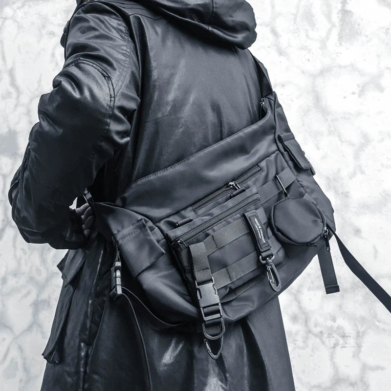 Premium nylon crossbody bag in black with adjustable strap and internal pockets for everyday use