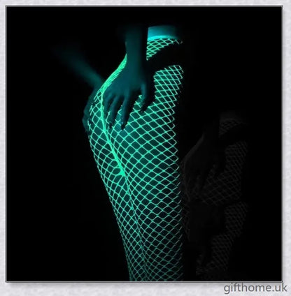 Pair of radiant fishnet stockings emitting a luminous glow, perfect for parties and festivals