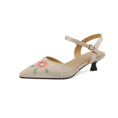 Elegant Embroidered Pointed Toe Sandals with Spike Heels in Black