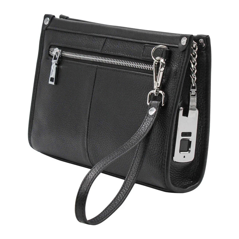 Premium leather handbag with fingerprint lock security in black colour, showcasing a spacious interior and sleek design