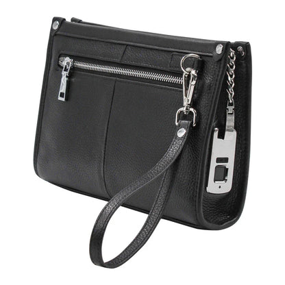 Premium leather handbag with fingerprint lock security in black colour, showcasing a spacious interior and sleek design