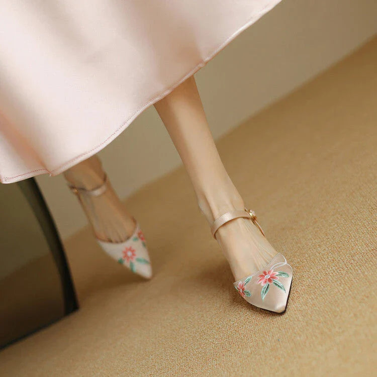 Elegant Embroidered Pointed Toe Sandals with Spike Heels in Black