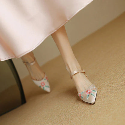 Elegant Embroidered Pointed Toe Sandals with Spike Heels in Black