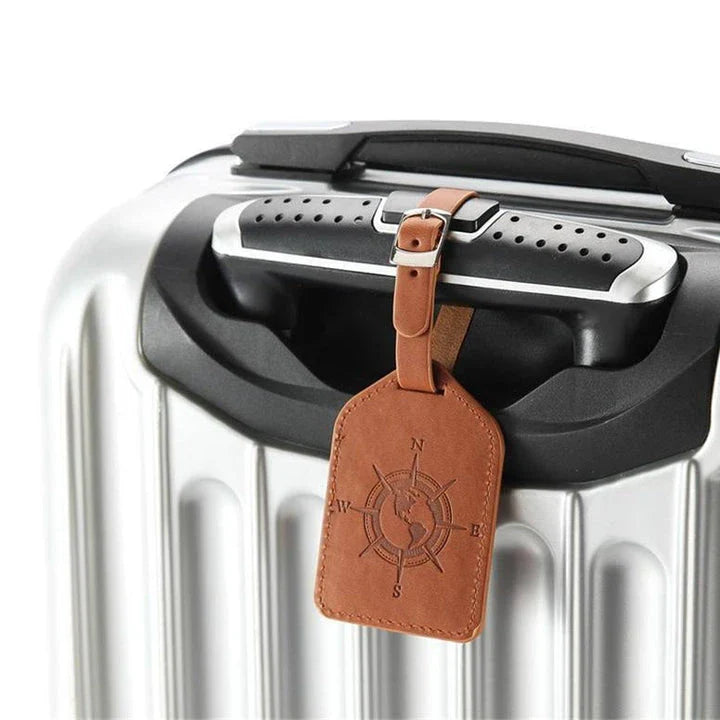 Compass Leather Luggage Tag with Geometric Pattern, Durable PU Leather, and Clear Identification Window