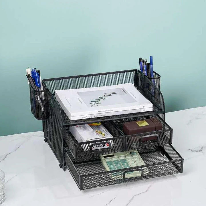 Premium carbon steel mesh desk organiser with 3 drawers and pen holders for efficient workspace organisation