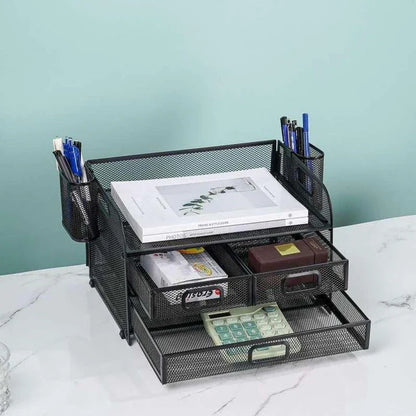 Premium carbon steel mesh desk organiser with 3 drawers and pen holders for efficient workspace organisation