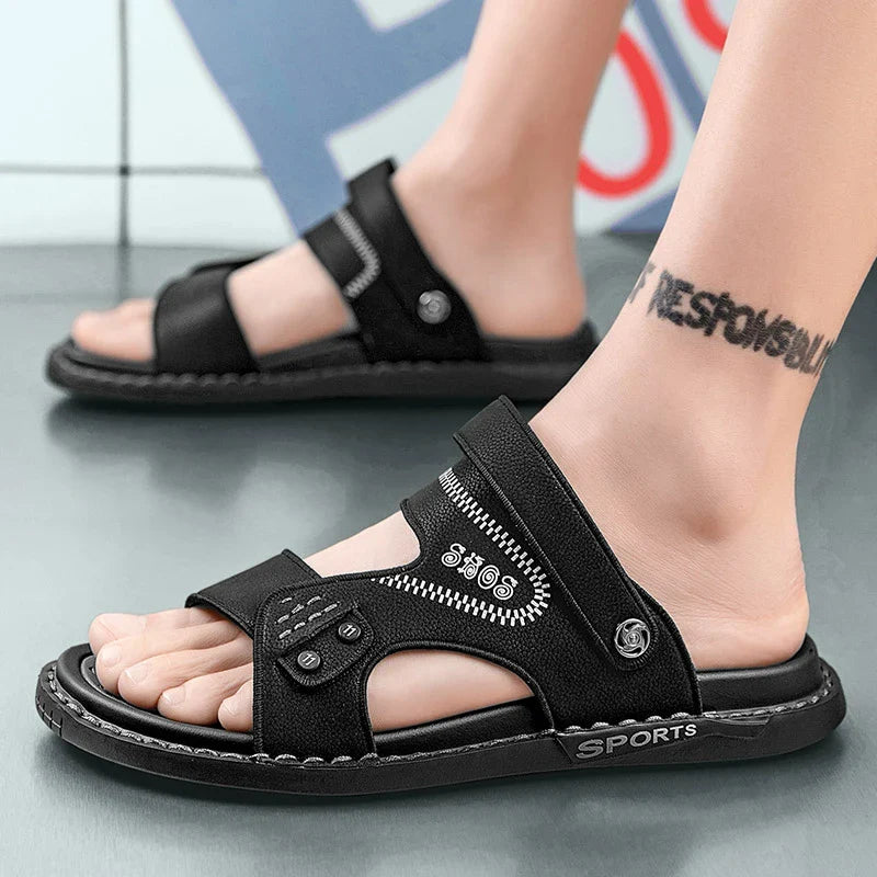 Premium British-made beach sandals with breathable PU upper, non-slip rubber sole, and adjustable buckle closure