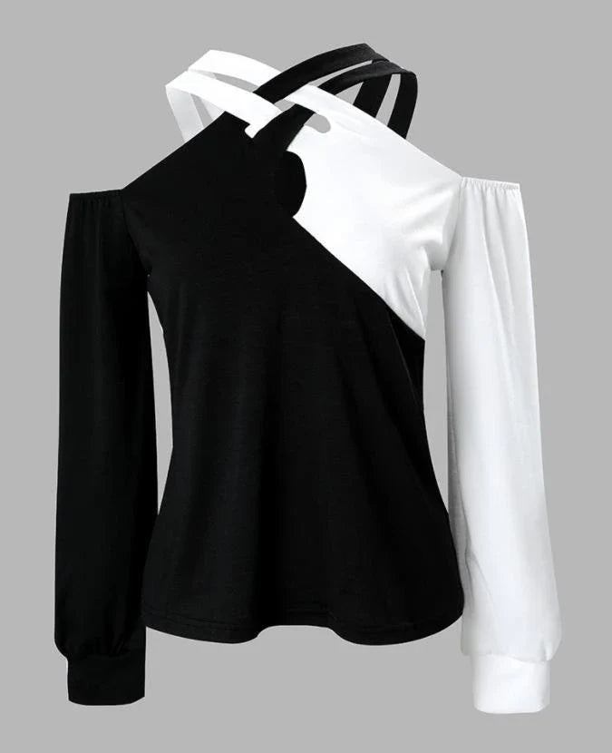 Premium patchwork blouse in black with a unique collage/splicing design, made from high-quality polyester for versatile style and comfort.