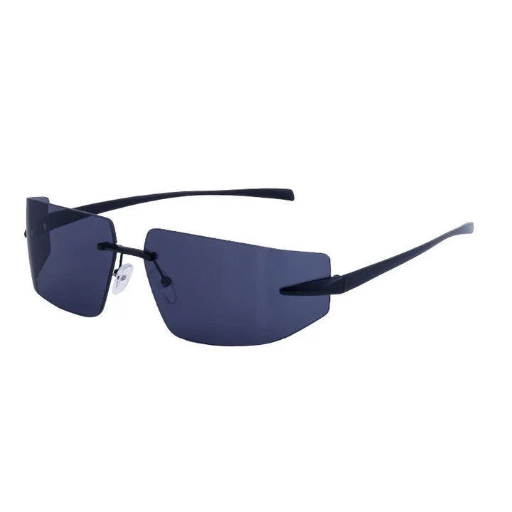 Elegant rimless rectangular sunglasses with a sleek, minimalist design and contemporary silhouette