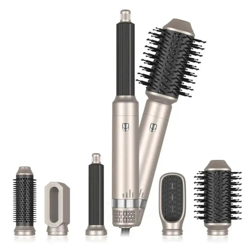 A 6-in-1 multifunctional hot air comb with multiple heat settings, rotating barrel, and interchangeable brush heads for versatile styling
