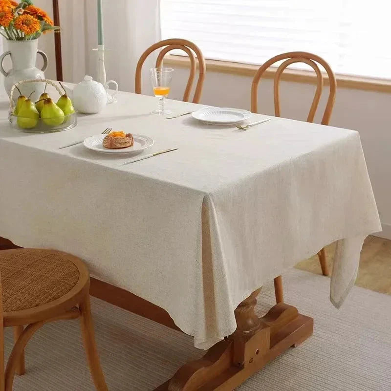 Elegant linen cotton tablecloth in natural flax colour, perfect for weddings, home parties, and dining banquets