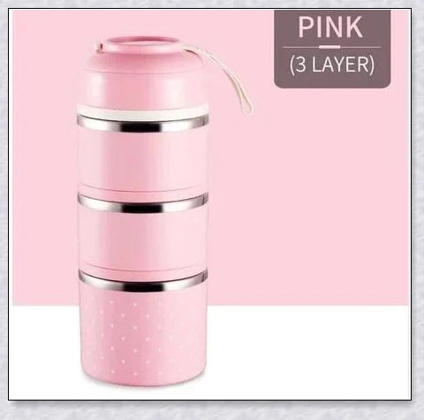 Insulated Hot Food Thermos Lunchbox Tower with multi-layer design and choice of green, pink, blue, or gray colour