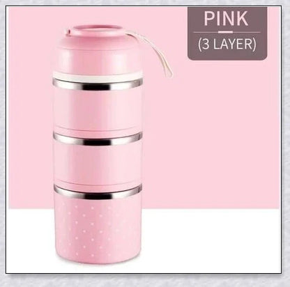 Insulated Hot Food Thermos Lunchbox Tower with multi-layer design and choice of green, pink, blue, or gray colour