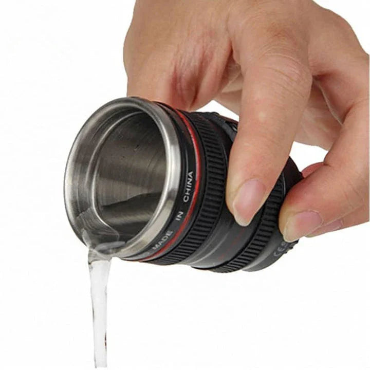 Stainless steel and plastic camera lens-shaped shot glass for serving cocktails, liqueurs, and specialty drinks