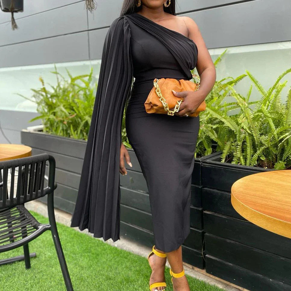 Sophisticated one-shoulder plus size evening dress with an alluring asymmetric neckline and figure-flattering silhouette