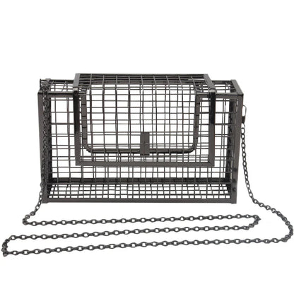 A sophisticated British-designed metal mesh clutch bag with a chain strap, available in various colours and chain styles