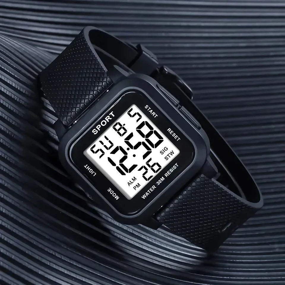Rugged LED military sports watch with shock-resistant rubber case and tough TPU band, designed for adventurous men in the UK