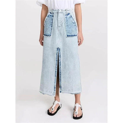 A stylish denim skirt with a split colour patchwork design, crafted from high-quality cotton for comfort and durability.