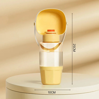 Portable pet water bottle and feeder with separate compartments for water and food, designed for easy hydration and feeding during outdoor adventures.