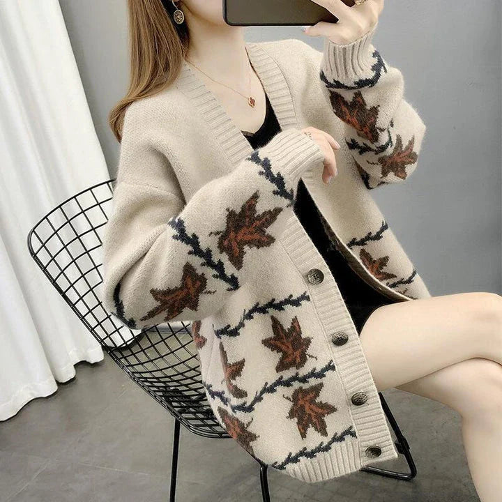 Women's Maple Leaf Knitted Cardigan in Light Coffee Colour with Loose, Relaxed Fit and Long Sleeves