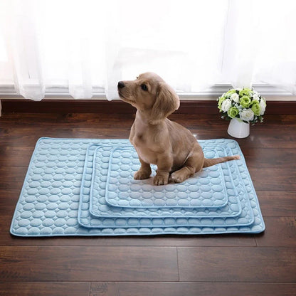 A stylish pet cooling pad featuring a blue ice silk surface and a breathable mesh backing, designed to keep pets cool and comfortable during hot summer days.