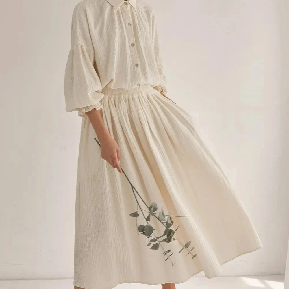 Elegant lantern sleeve shirt and chic skirt two piece set in 100% cotton gauze fabric