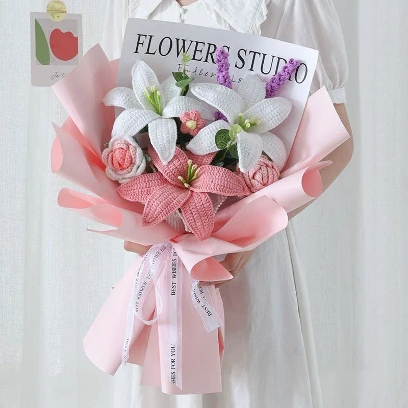 Handmade bridal bouquet in elegant crochet and weave with a soft, gentle pink hue