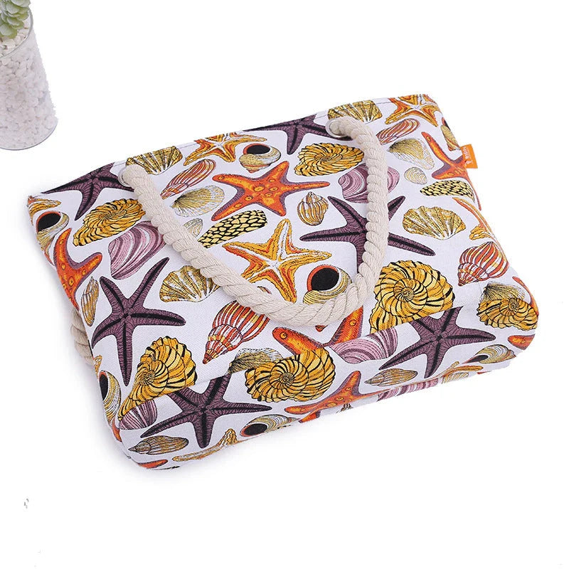 Stylish canvas beach tote bag with Shells Conch print design, perfect for summer adventures