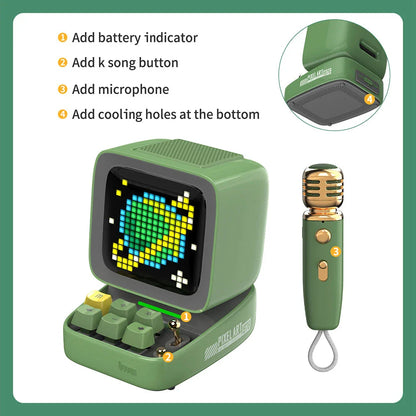 Ditoo-Mic Bluetooth Speaker with pixel art display, karaoke microphone, and retro design