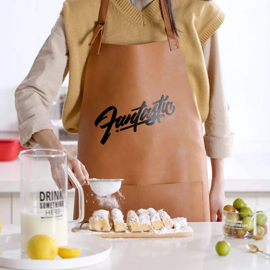 A premium leather apron with a stylish Nordic-inspired pattern, designed to protect your clothes while adding a touch of Scandinavian charm to your kitchen.