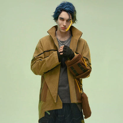 Asymmetric medium and long sandstone wind coat with premium cotton construction and adjustable stand collar for versatile British style