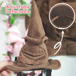 Sortband Halloween Witch Hat Headband in red, green, and brown colours with a detachable witch hat design