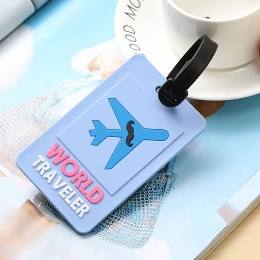 Stylish PVC plane-themed luggage tags with a vibrant and playful design, perfect for UK travellers