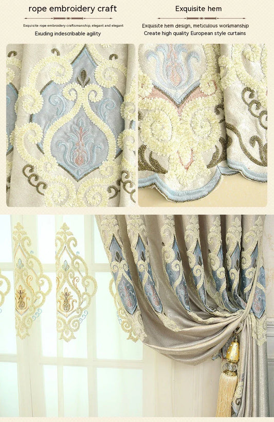 Elegant European-style embroidered mesh curtains in beige and grey colours, providing excellent sun shading and premium quality for living rooms and bedrooms.